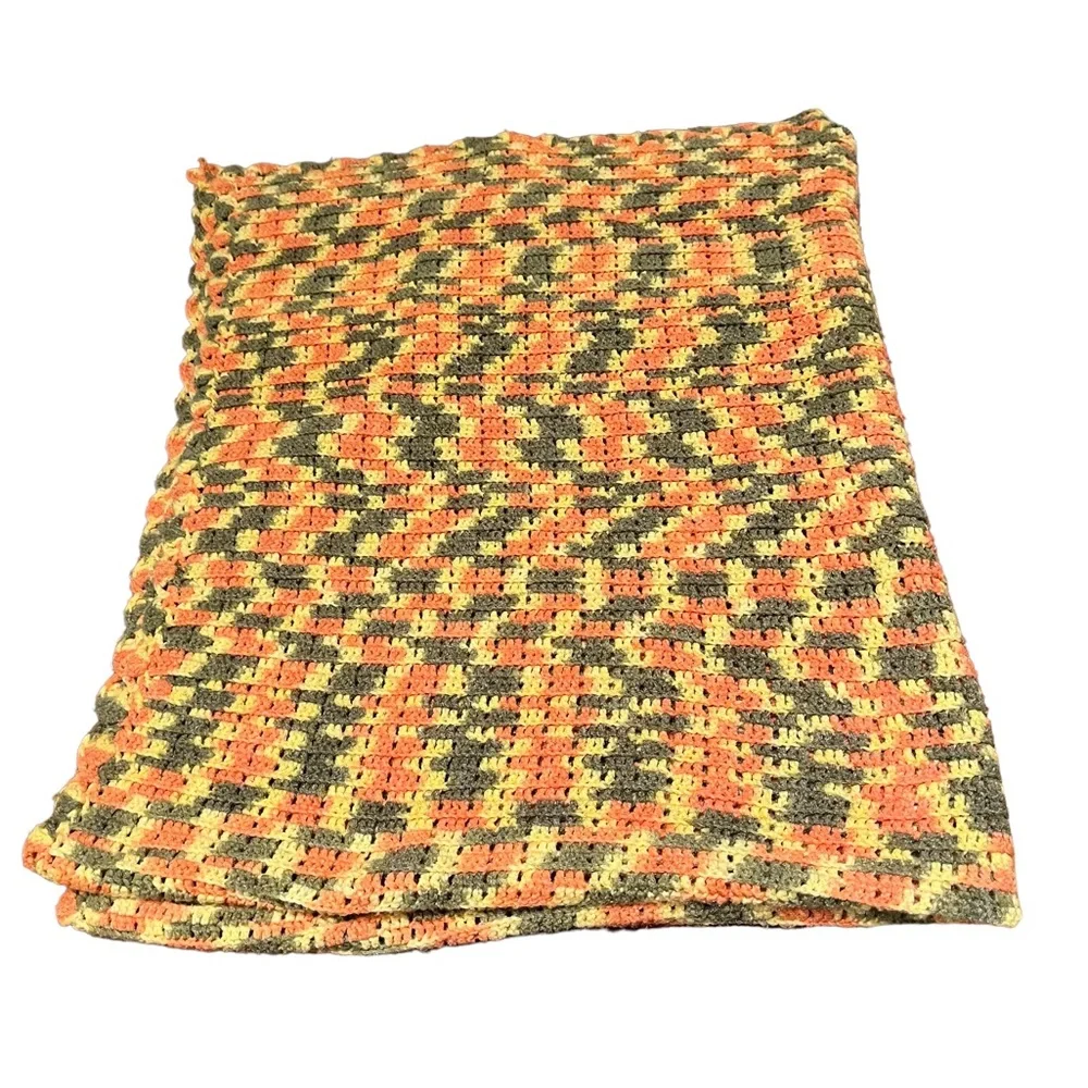 Vintage ca 70s Handmade Orange, Green, and Yellow Crocheted Afghan Blanket